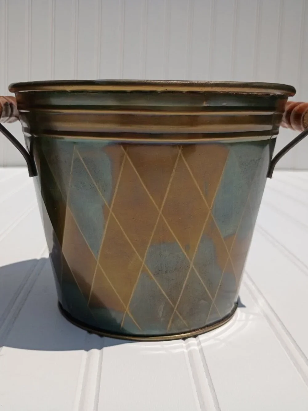 Vintage Brass Planters with Wooden Handles Set of 2 Diamond Pattern Pot Cachepot